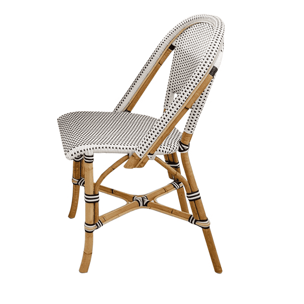 Black and white woven bistro chair with a durable aluminum frame, designed for outdoor and indoor cafe seating.