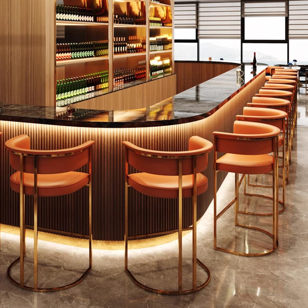 Bar counter with stools orange and black modern interior