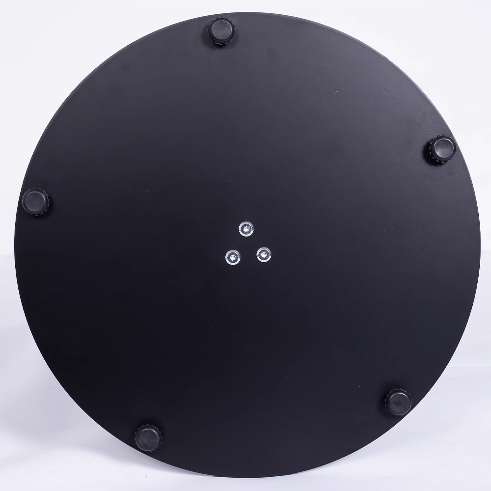 Bottom view of a black round metal table base with adjustable leveling foot pads