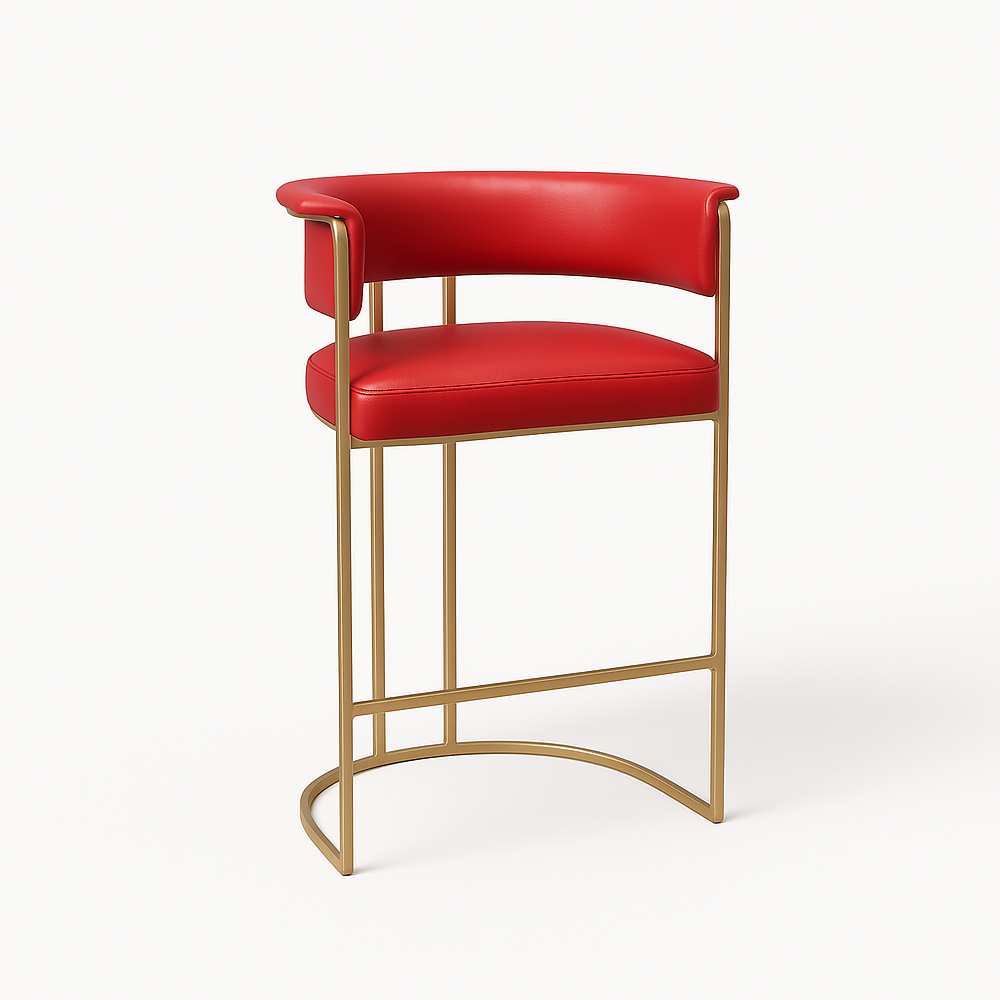 Modern red leather bar stool with curved backrest and gold metal frame