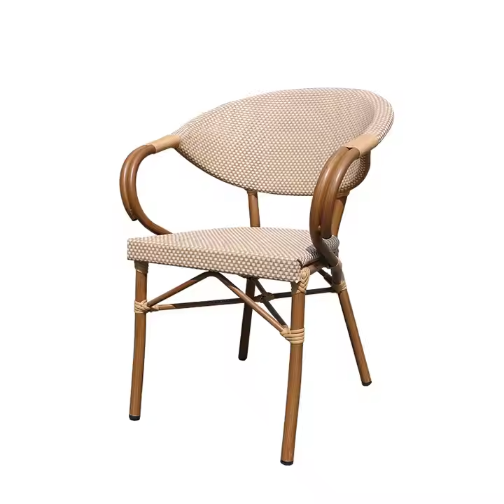 Elegant outdoor bistro armchair in beige with woven seat and back, aluminum frame, and rounded arm design.