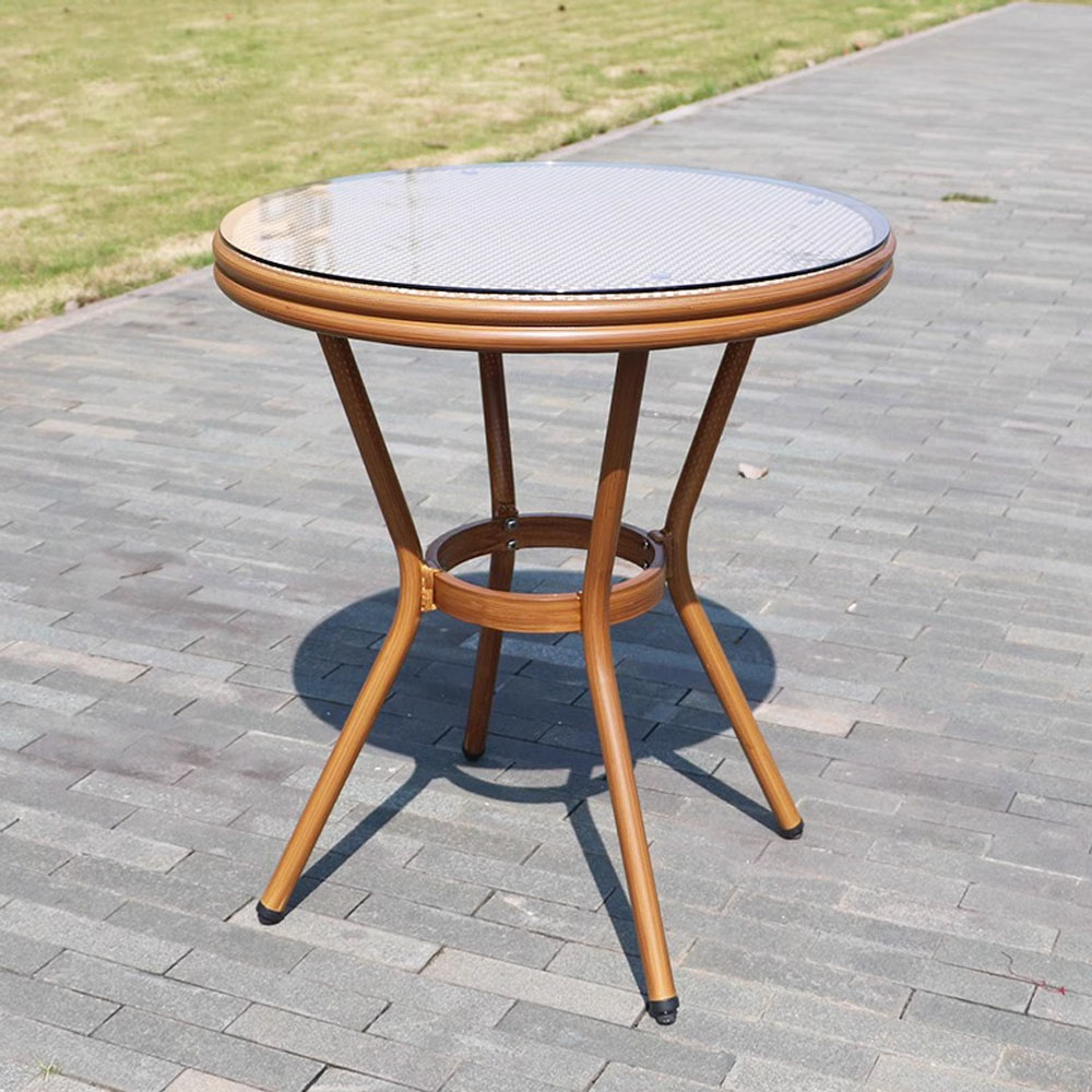 Outdoor Round Rattan-Style Table with Glass Top