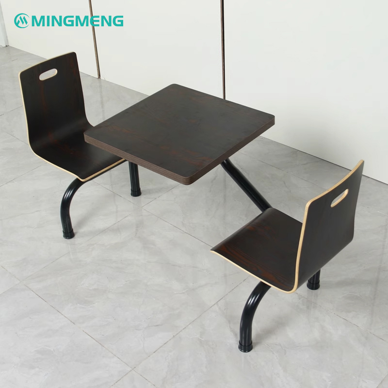 Black wood grain 2-seat canteen dining set with metal leg support, ideal for commercial cafeteria or dining hall settings