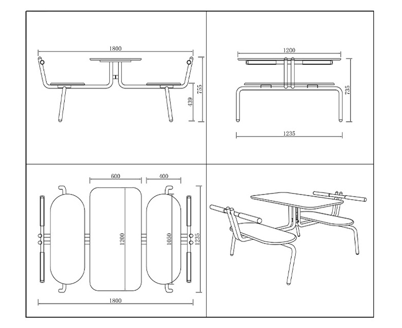 Modern 4-Seater Canteen Table and Bench Set2 Technical drawing of a 4-seater fixed canteen table and bench set, showcasing detailed dimensions, frame structure, and seat layout for manufacturing or installation reference