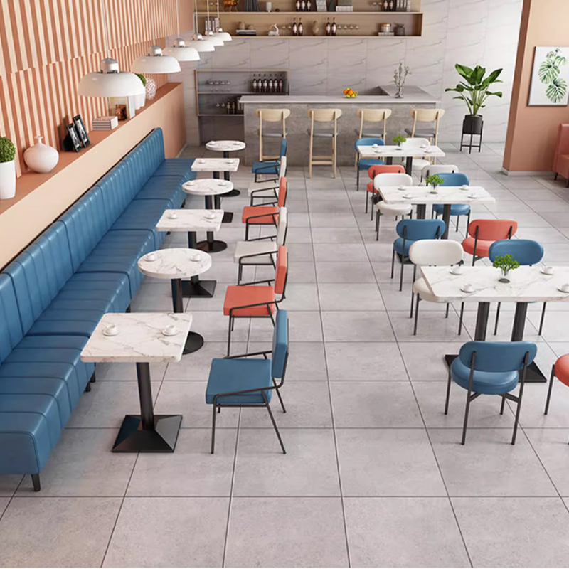Blue Leather With Vertical Stripe Backrest Restaurant Booth1 Corner booth seating in blue and orange for restaurants with tables and modern design