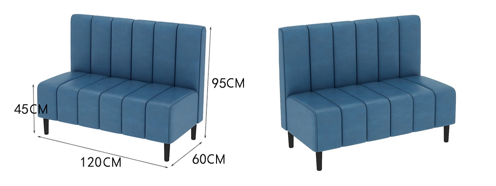Blue Leather With Vertical Stripe Backrest Restaurant Booth2 Blue upholstered restaurant booth with black legs, featuring a modern design, 120cm length, and ideal for commercial dining spaces.