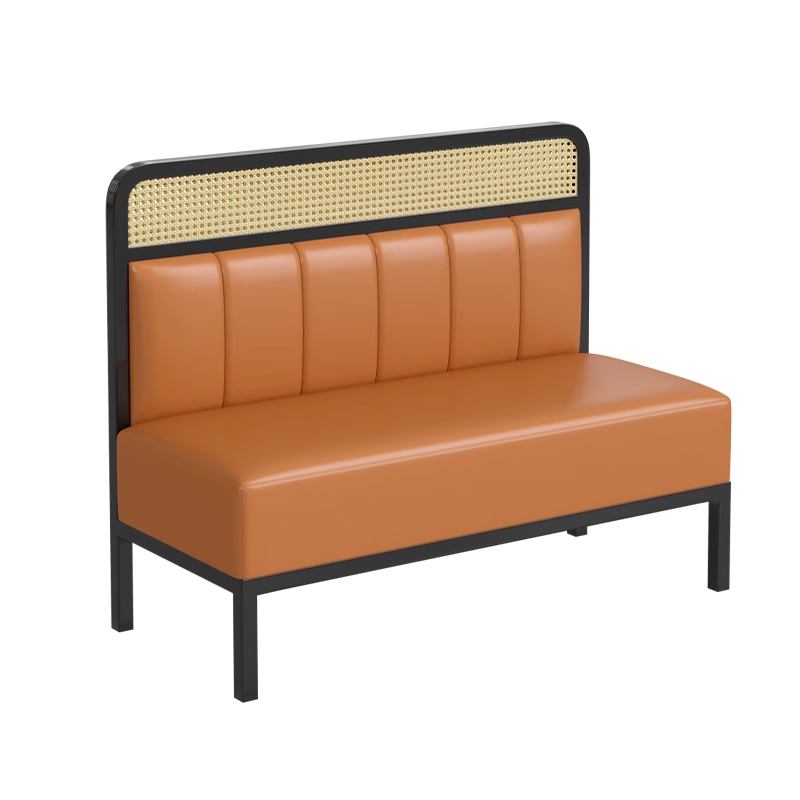 Black Metal Frame Rattan Backrest Leather Restaurant Booth