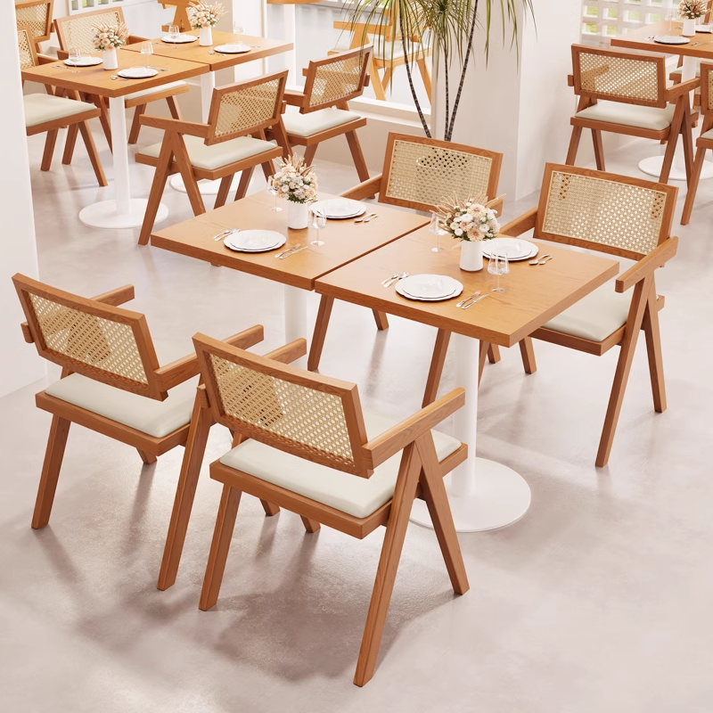 Modern café-style wooden dining chairs with woven rattan backs and white cushions, arranged in a bright restaurant setting