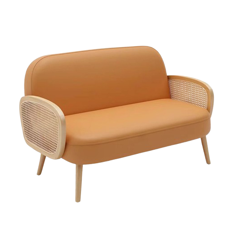 Cream-Colored Booth with Rattan Armrests5 Orange and beige two-tone restaurant furniture sofa with cane-back design and wooden legs.