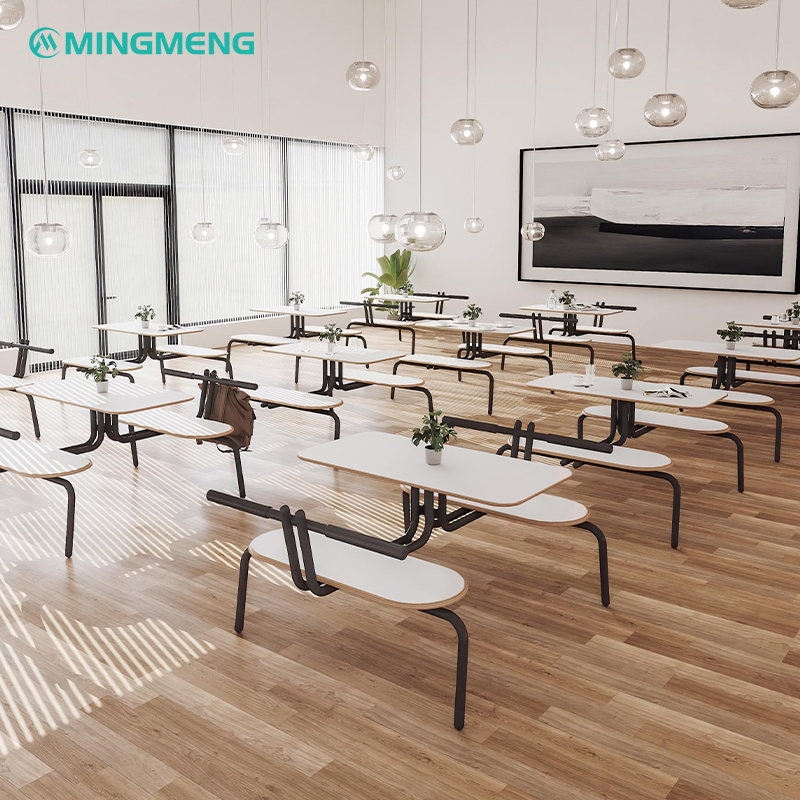 Wide-angle view of stylish canteen hall with multiple white-top bench sets and pendant lighting, creating a clean and structured seating arrangement