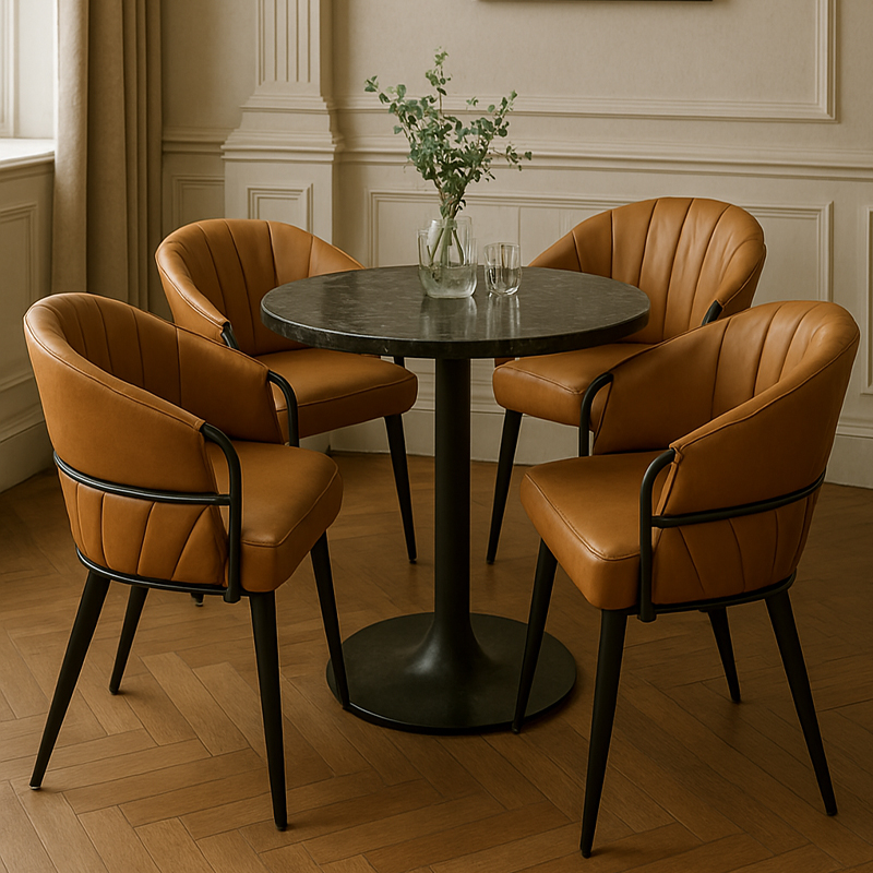 Stylish brown leather dining chair with vertical stitching and black metal legs for modern interiors