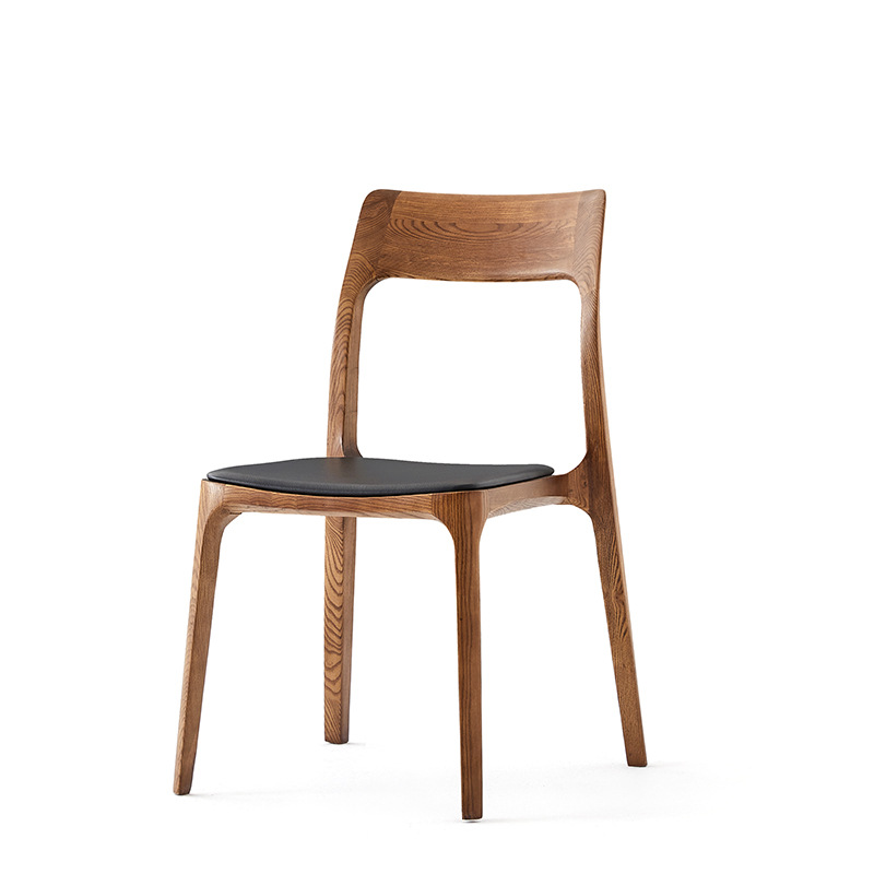 Ash Wood Dining Chair – Minimalist Curved Backrest with Black PU Seat