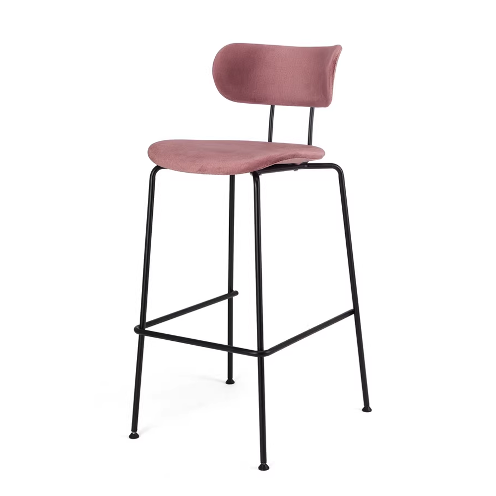 Pink fabric upholstered bar stool with slim metal legs