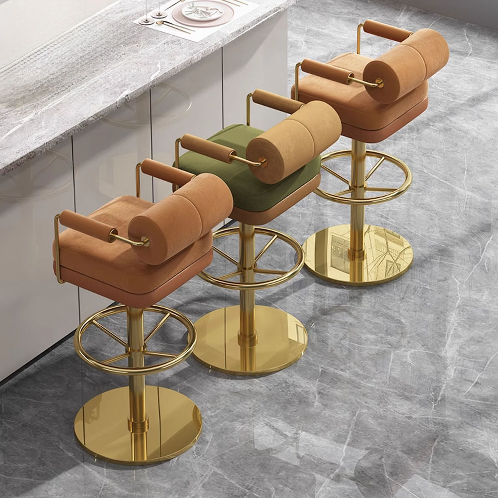 Custom Barrel Back Upholstered Bar Stool with Gold Base