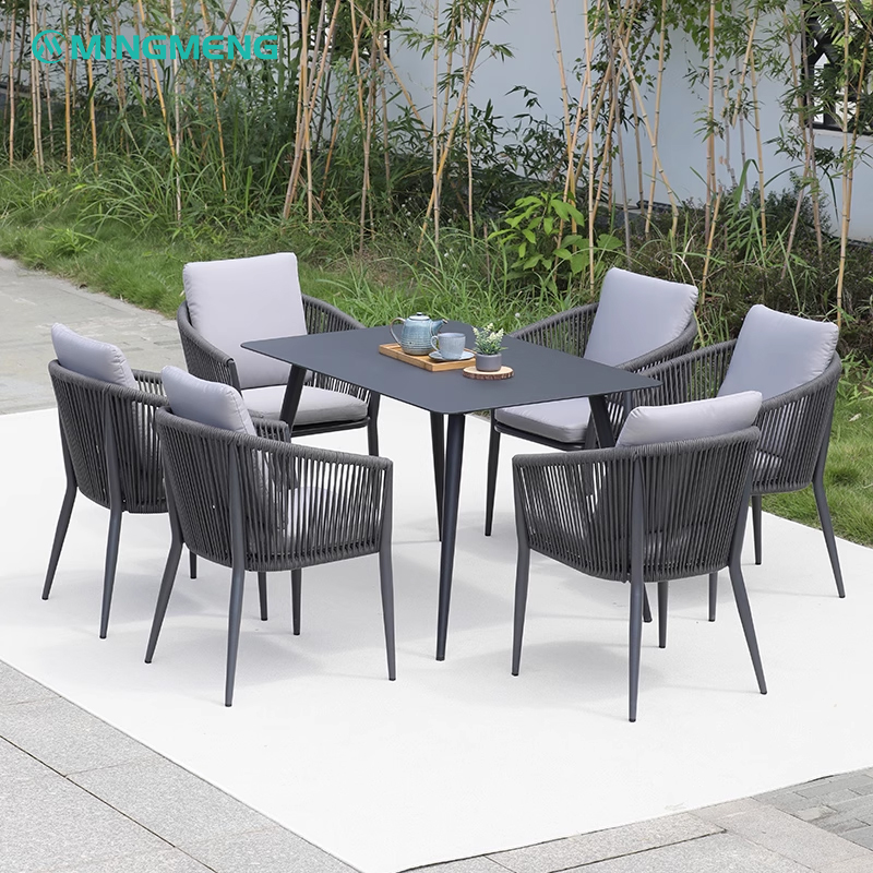 Gray rope weave patio chair set with soft cushions for outdoor garden or balcony seating.