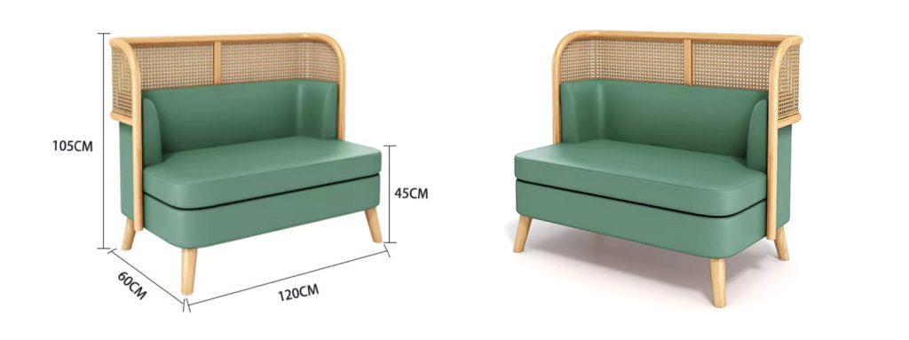 Green Faux Leather Restaurant Booth with Cane Backrest2 reen restaurant booth with rattan backrest and size dimensions shown (120cm x 60cm x 105cm)