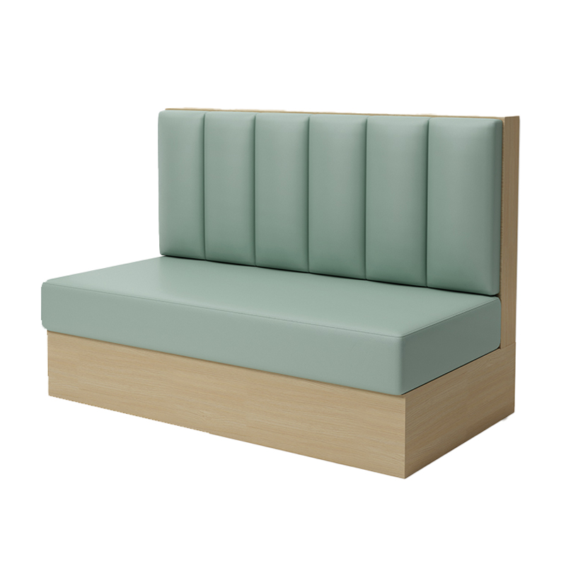 Green Padded Restaurant Booth Seating1 Green cushioned restaurant booth with vertical channel backrest and wooden base on white background