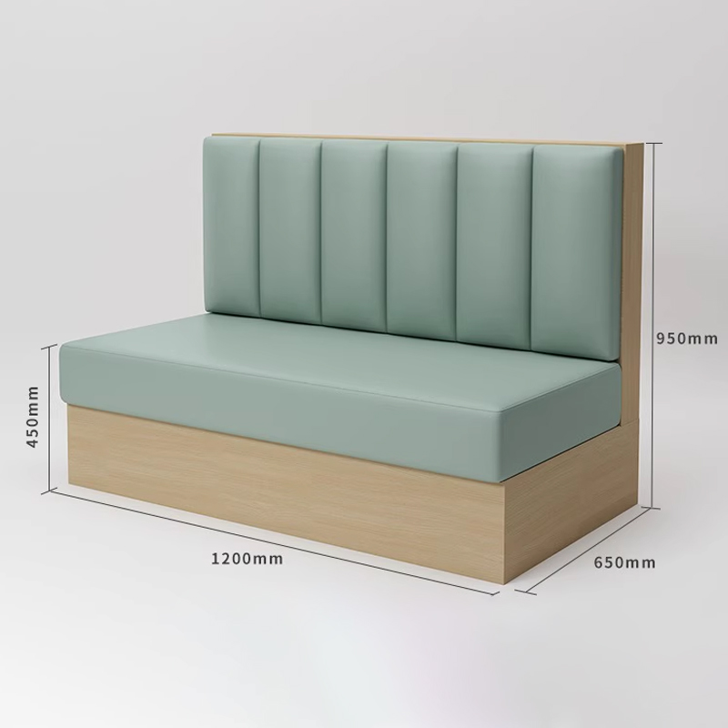 Green Padded Restaurant Booth Seating Side view of a green vertical panel back restaurant booth with labeled dimensions