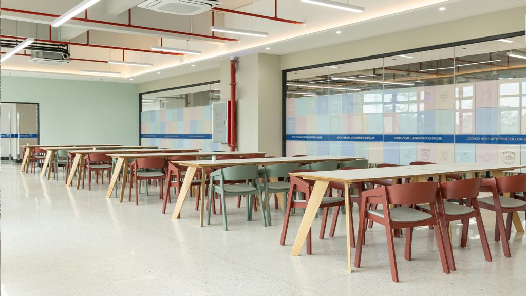 How to Choose the Best Cost-Effective Wooden Canteen Furniture in 20251 Colorful canteen furnitures seating with vibrant red, green, and gray chairs, paired with wooden tables, providing a lively dining experience.