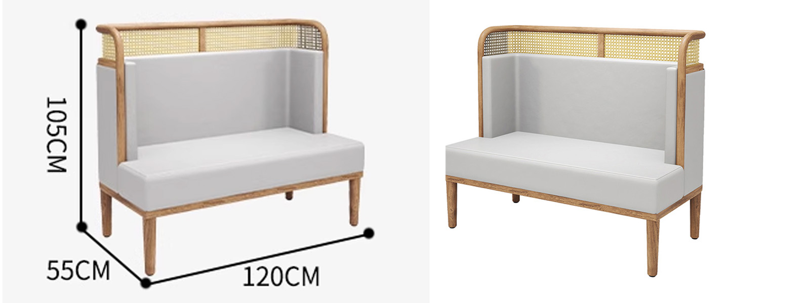 Vintage Rattan Backrest Leather Restaurant Booth2 Commercial light gray dining booth with rattan back and wooden frame, dimensions 120CM by 55CM by 105CM.