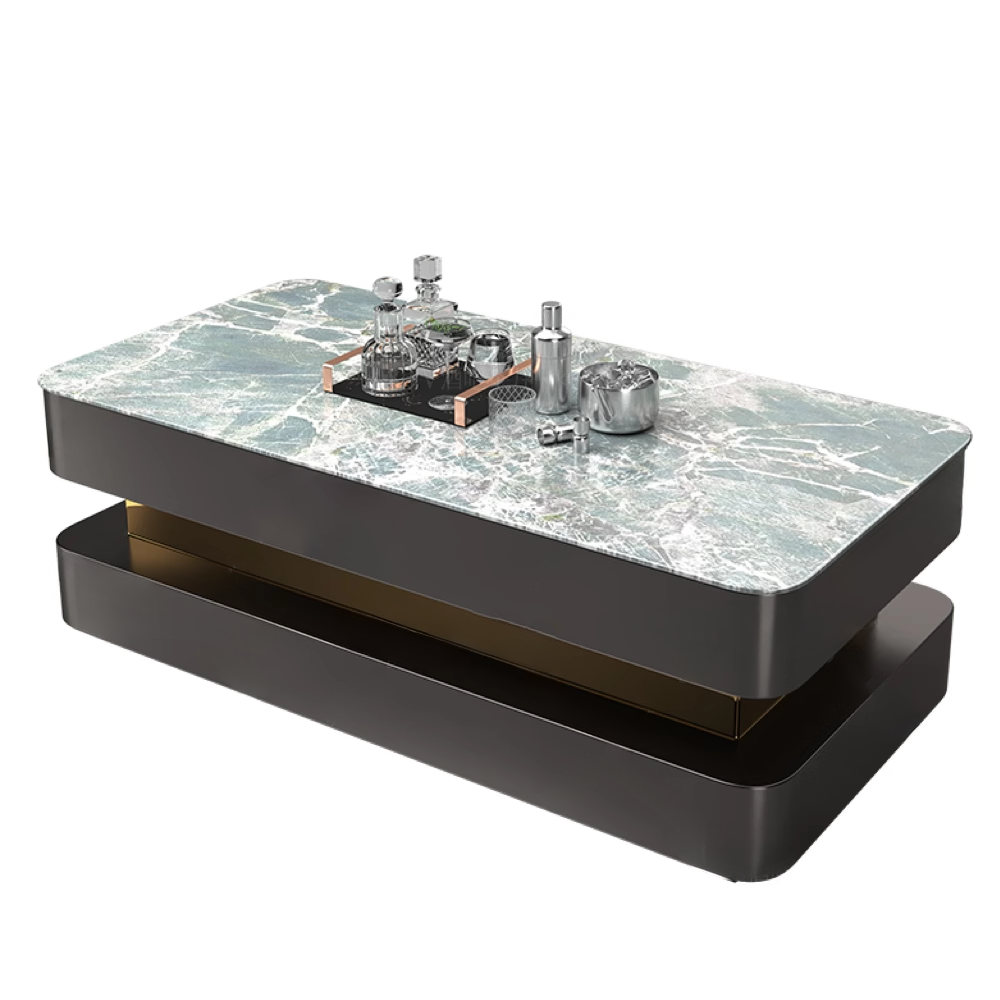 Minimalist marble coffee table with black and gold base, decorated with glassware and decanter set