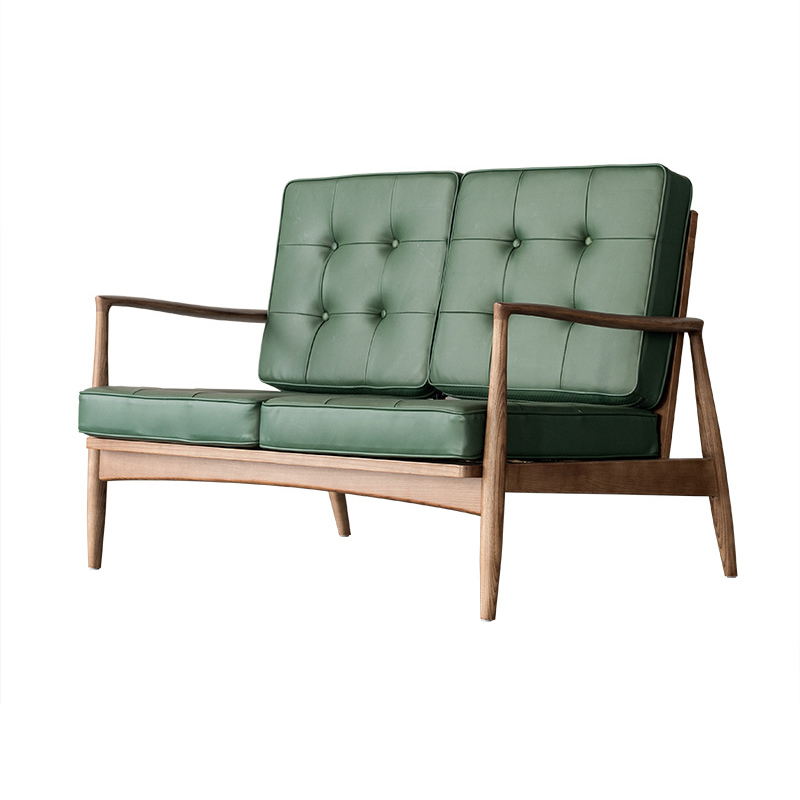 Nordic 2-Seater Restaurant Sofa – Solid Wood Frame with Green Leather Upholstery