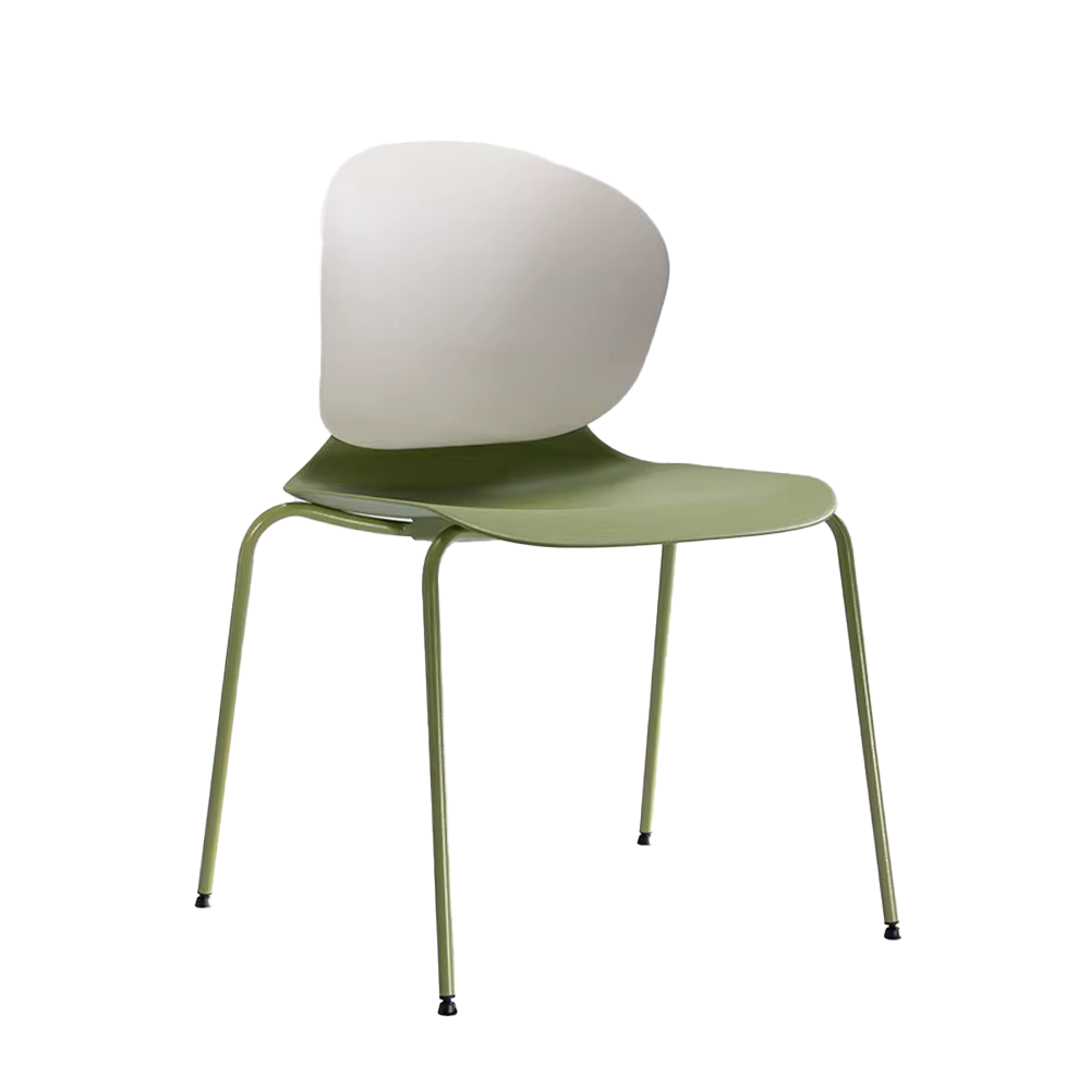 Modern plastic canteen chair with green seat and white backrest, metal legs