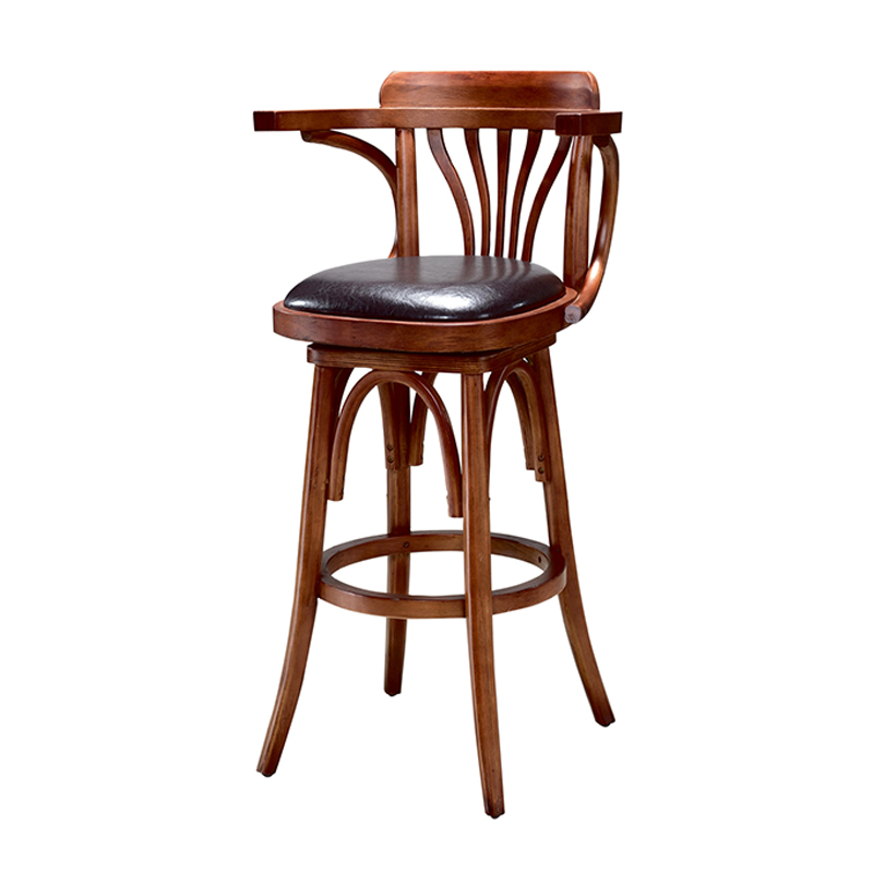 Vintage Rotating Bar Chair – Wooden Frame with Black Leather Seat
