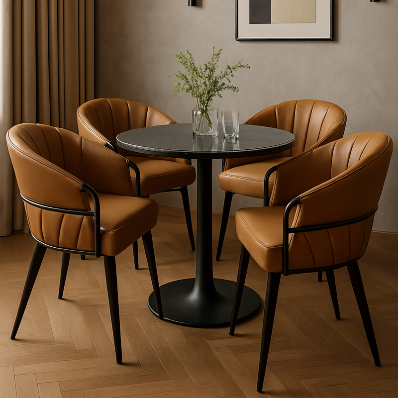 Set of modern brown leather dining chairs with curved backs and black metal legs around a round table