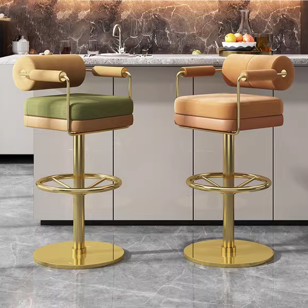 Modern luxury swivel bar stool with cylinder back and green cushion