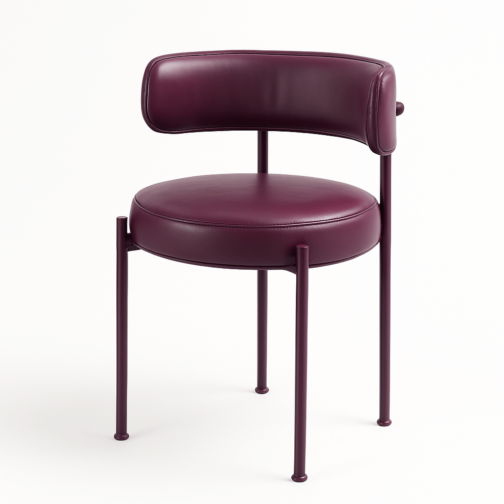 Modern minimalist burgundy dining chair with round seat and curved backrest