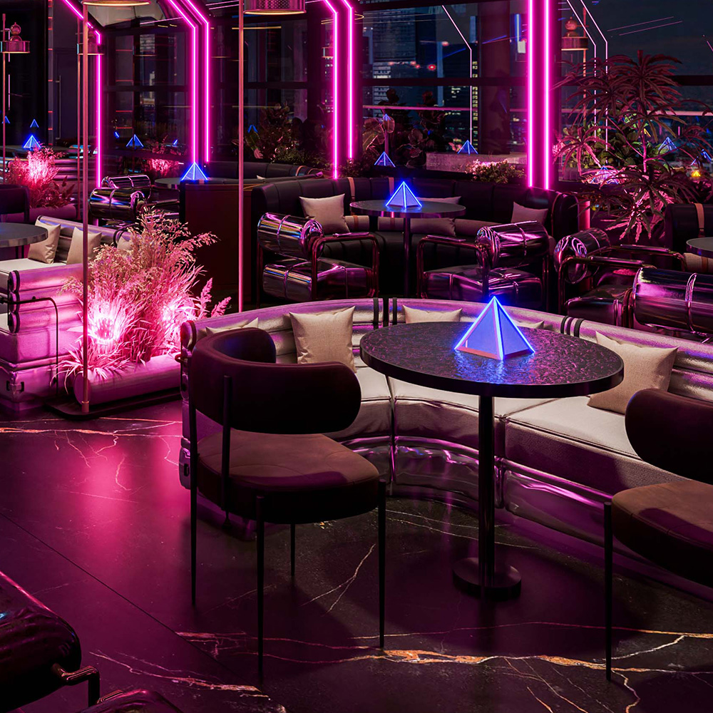 Modern nightclub furniture set featuring minimalist round dining chairs, curved booth sofas, and metallic frame armchairs under neon lighting