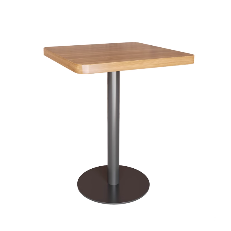 Square Bistro Table – Wood Veneer Top with Black Metal Pedestal Base – Modern Café or Restaurant Table