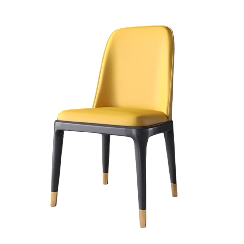 Modern yellow leather dining chair with black legs and gold tips, contemporary and vibrant