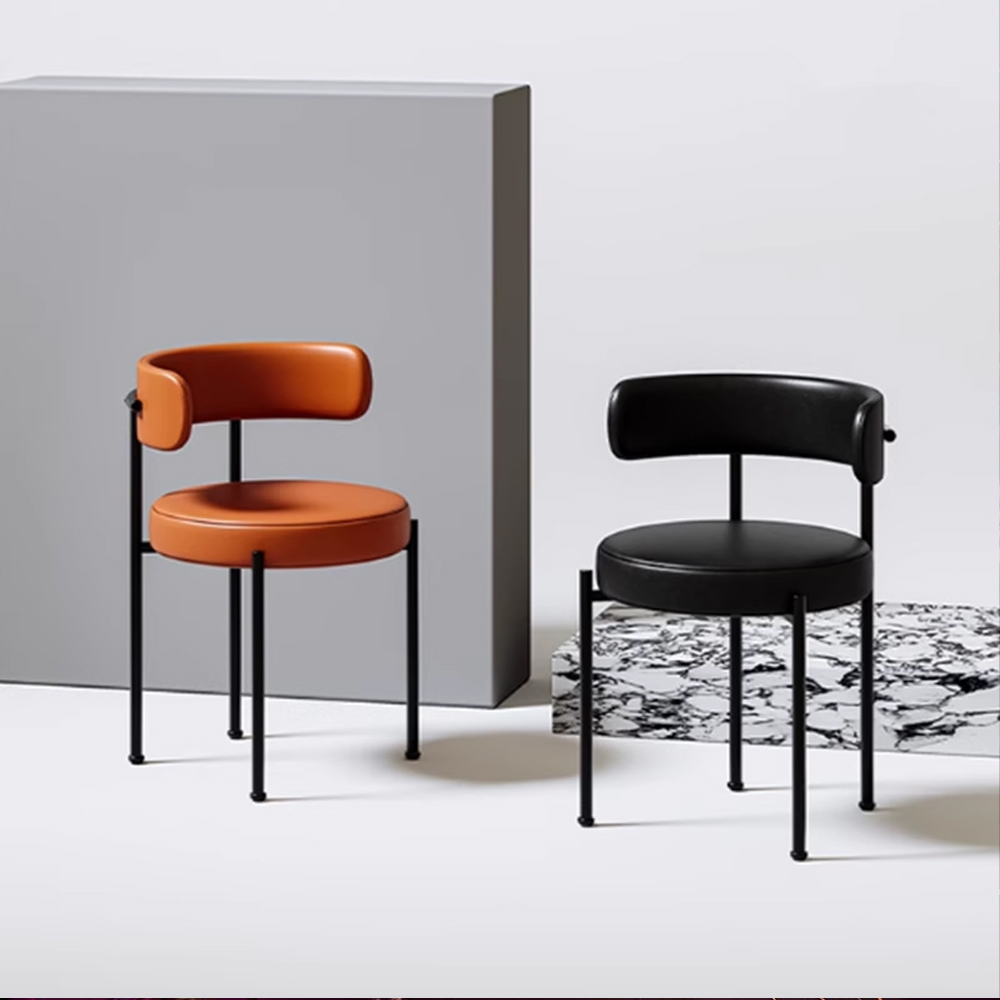 Set of Nordic modern round dining chairs in black and brown leather with minimalist metal frames