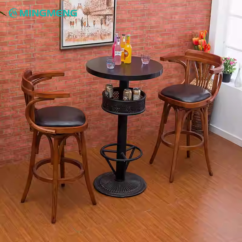 Nordic style solid wood dining bar table with black iron base and two bar stools.
