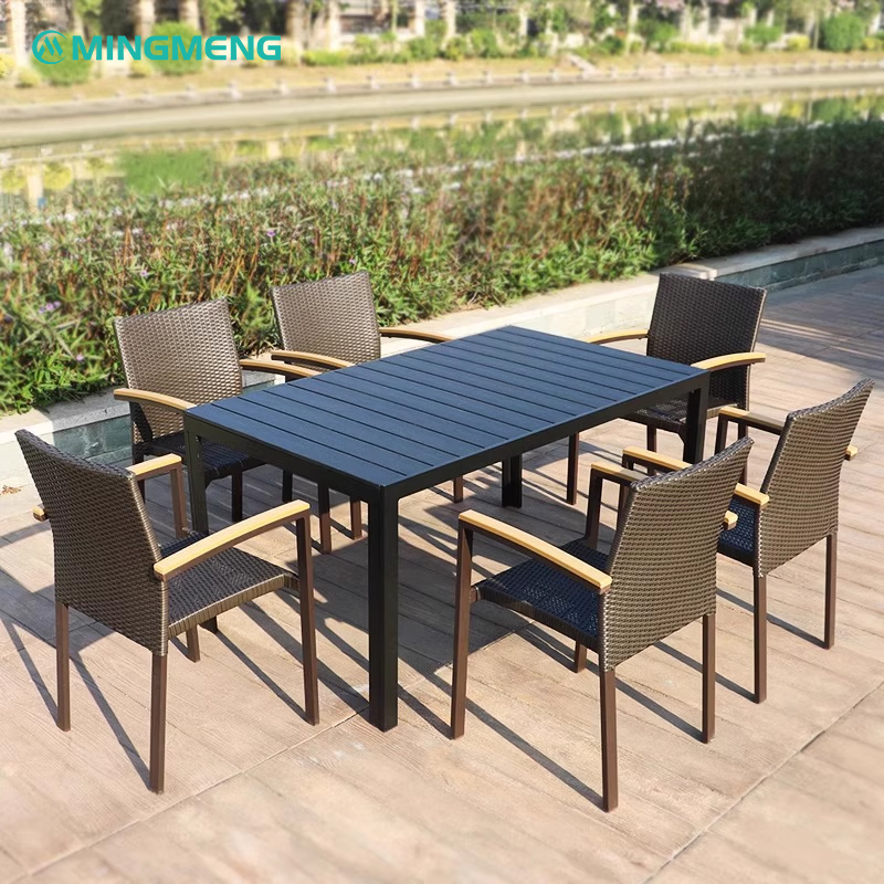 6-piece outdoor rattan dining chair set with rectangular black table for garden or patio