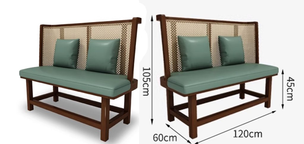 Cane Back Wooden Booth Seating2 Rattan restaurant booth with green cushions and wooden frame, showing dimensions of 105cm height, 120cm width, and 60cm depth