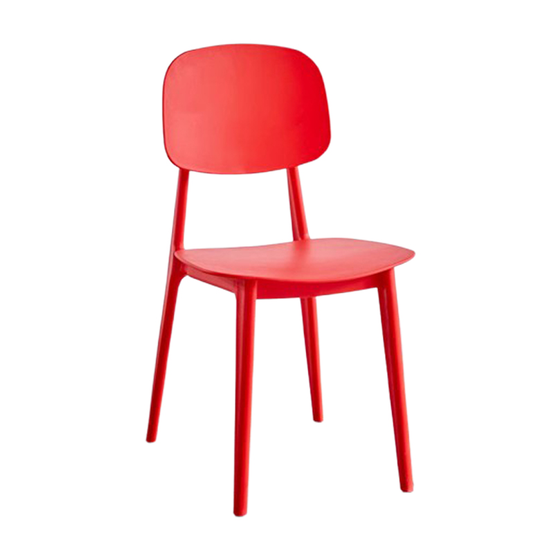 Modern Nordic Plastic Canteen Chair2 Vibrant red plastic canteen chair with curved backrest and minimalist Nordic design, ideal for modern dining spaces