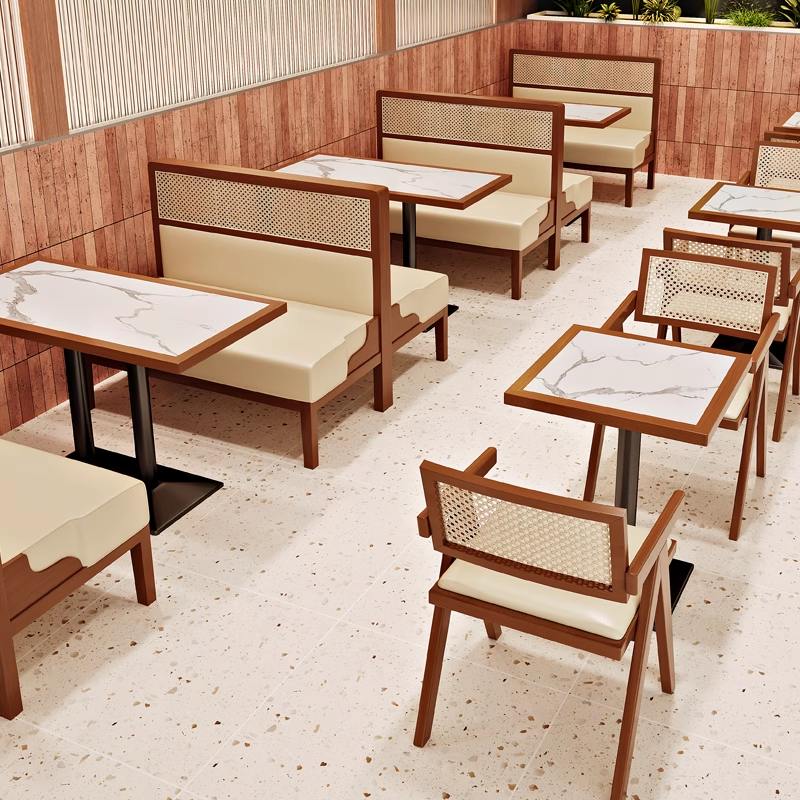 Restaurant layout featuring a mix of rattan-back booths and matching wooden chairs with marble tables on terrazzo flooring