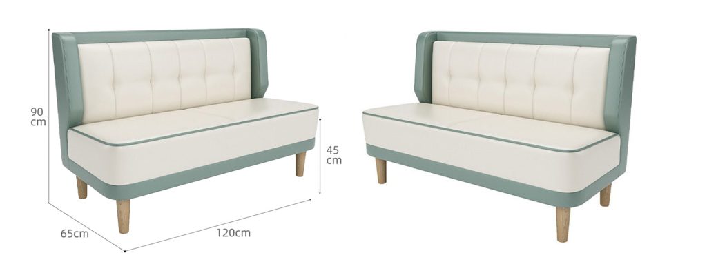 Two-Tone Casual Dining Booth for Western Restaurants2 Dimensions of a green and white leather restaurant booth with detailed measurements for seating comfort.