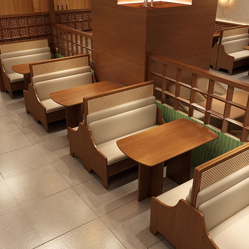 High Backrest Cream Cushions Restaurant Booth1 Restaurant booth with wooden table, beige leather seat, and partition wall design
