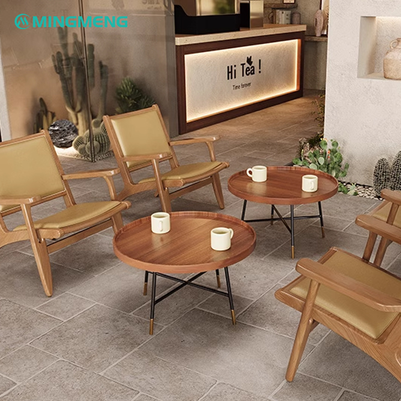 Stylish round coffee tables in a modern tea house setting