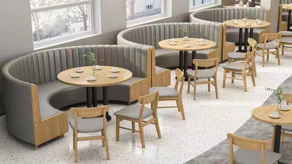 How to Choose the Best Cost-Effective Wooden Canteen Furniture in 20252 Modern curved booth seating for canteen dining with wooden tables and comfortable seating.