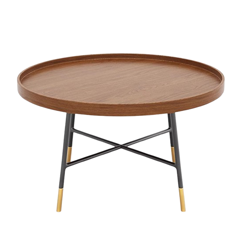 Modern Round Wooden Coffee Table with Metal Gold-Tip Legs