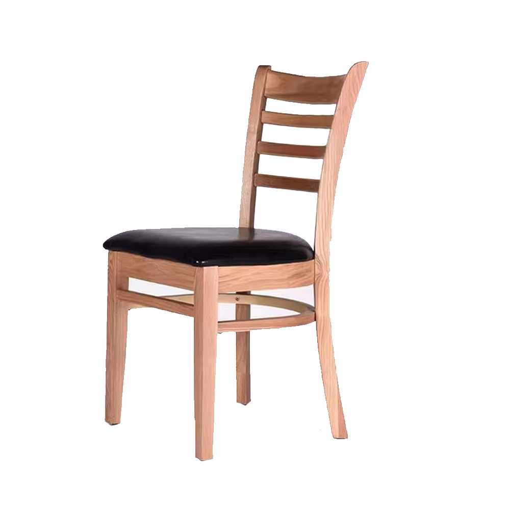 Solid wood dining chair with ladder back and black leather seat