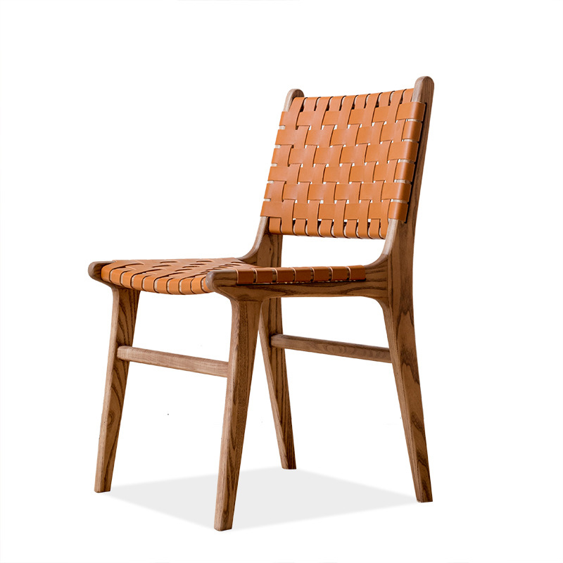 Japanese Style Saddle Leather Dining Chair – Handwoven Seat with Solid Wood Frame