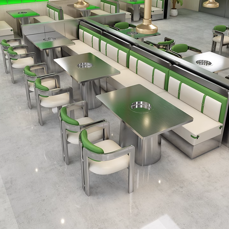 Modern hotpot restaurant layout with brushed stainless steel tables, long green-accent booth seating, and matching green-back chairs