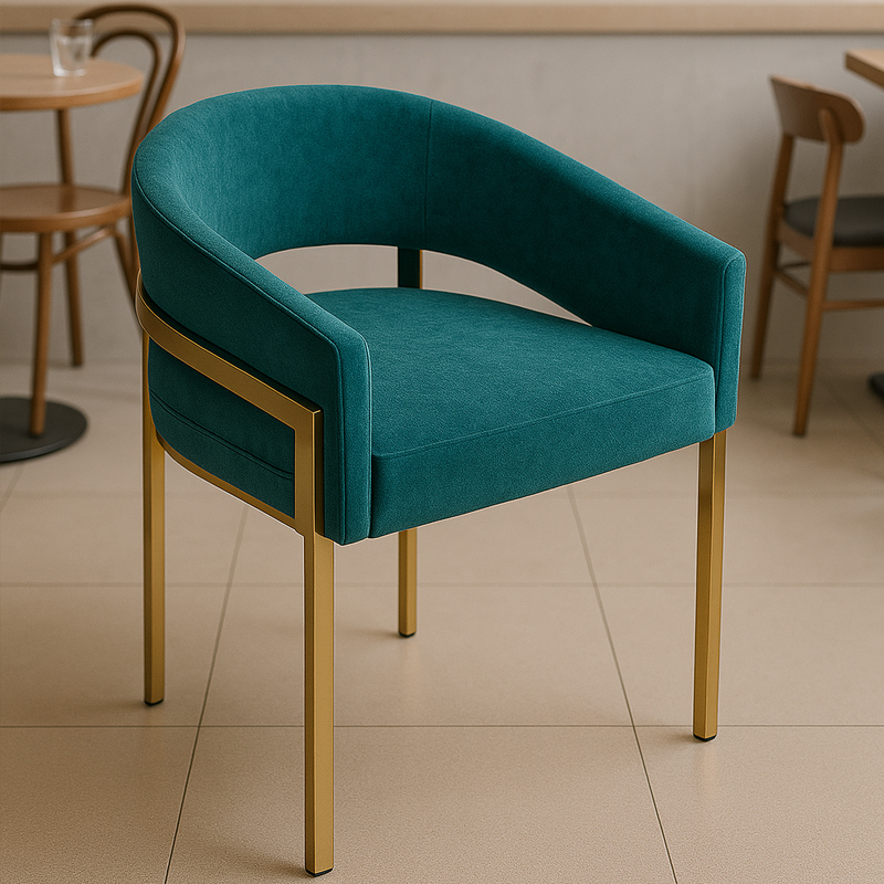 Elegant restaurant setup with teal velvet