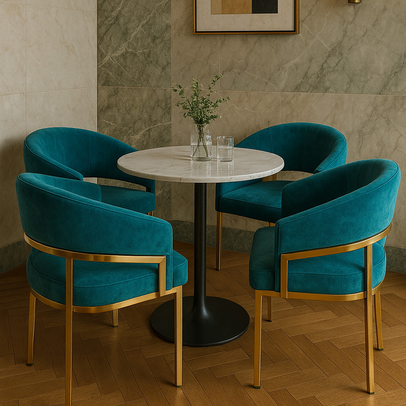 Modern velvet restaurant dining chairs with gold metal frame in teal and blue colors